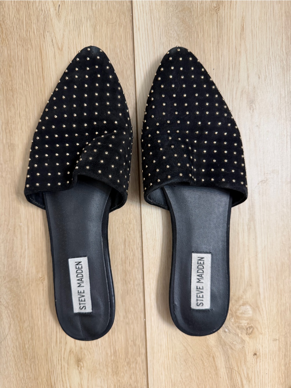 Steve Madden Black Suede Pointed Mules with Gold Studs